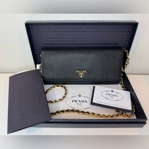 Black Prada Saffiano Metal Leather Wallet on Chain Clutch Crossbody Bag.